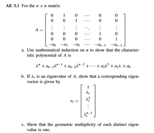 Solved For the n times n matrix A = [0 0 ... 0 0 -a_0 1 0 | Chegg.com