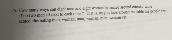 Solved How many ways can eight men and eight women be seated | Chegg.com