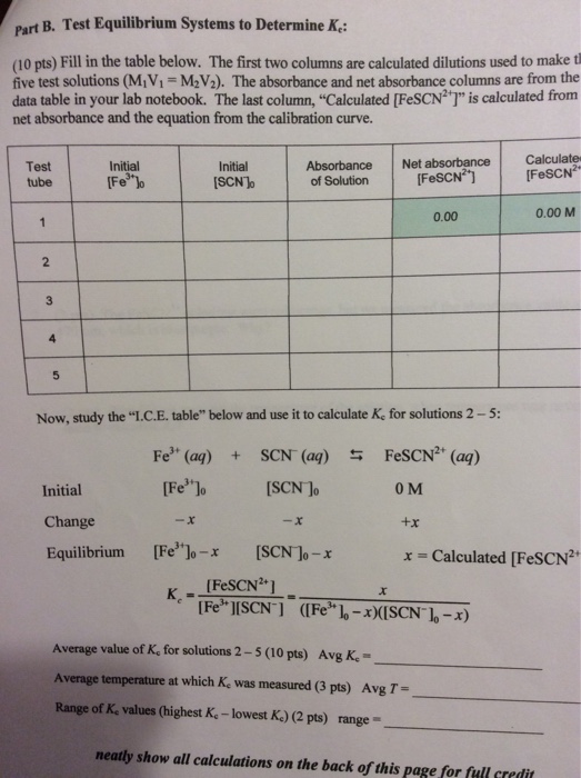 B. Test Equilibrium Systems to Determine Kc: (10 pts) | Chegg.com