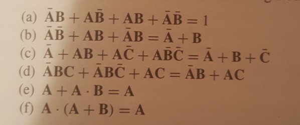 Solved (a) AB + AB + AB + AB = 1 (b) AB + AB + AB A + B (c) | Chegg.com