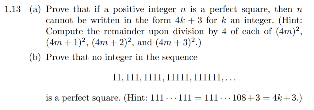 Solved 1.13 (a) Prove that if a positive integer n is a | Chegg.com
