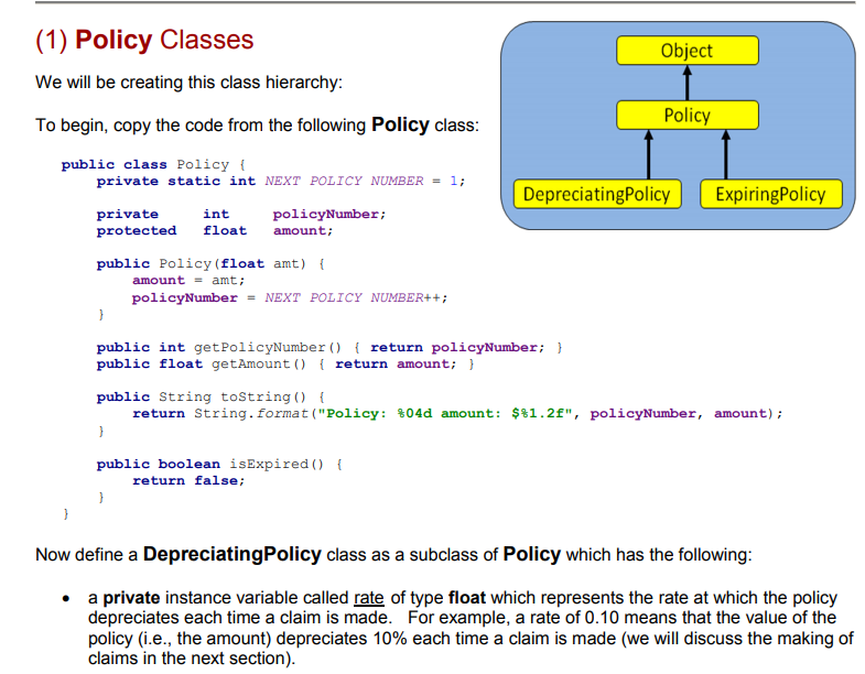 In Java POLICY CLASS | Chegg.com