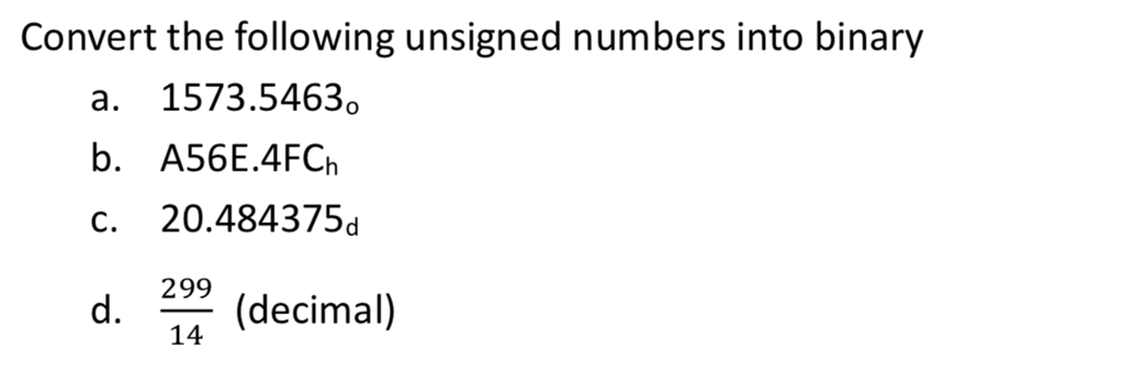 Solved Convert The Following Unsigned Numbers Into Binary A. | Chegg.com