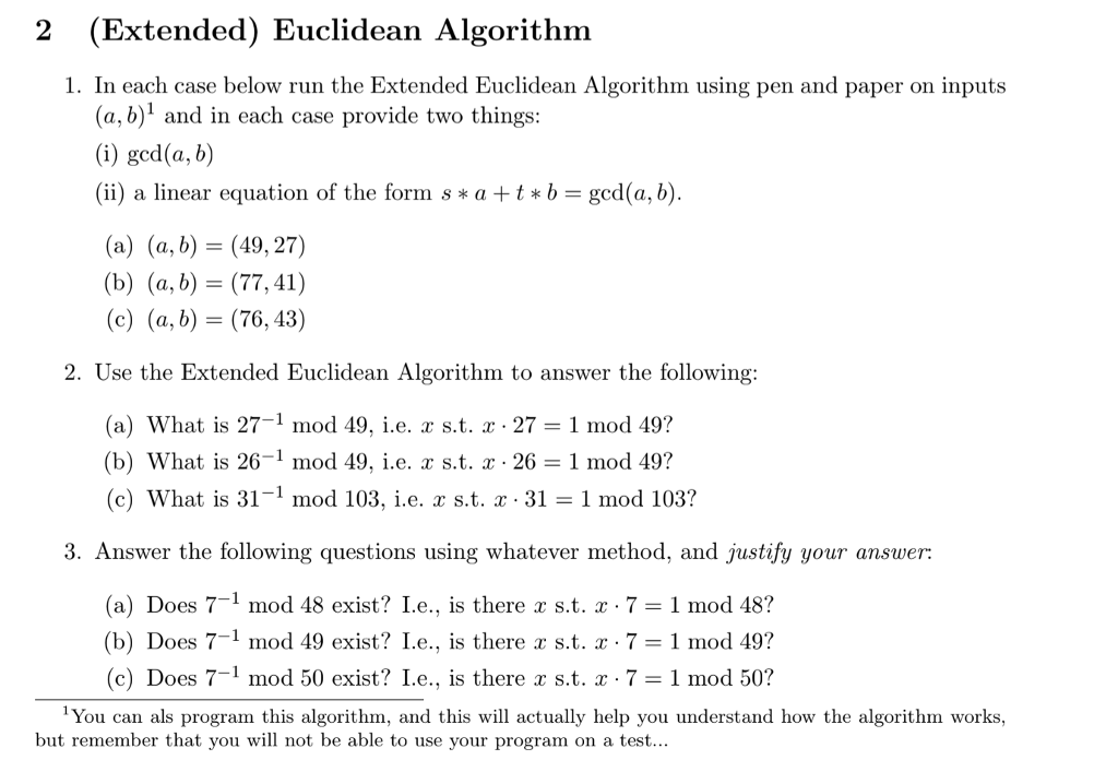 Solved 2 (Extended) Euclidean Algorithm 1. In Each Case | Chegg.com