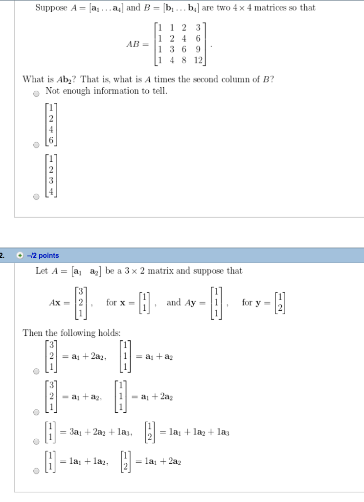 Solved Suppose A = Ai . . . A1] And B = [bi . . . B41 Are | Chegg.com