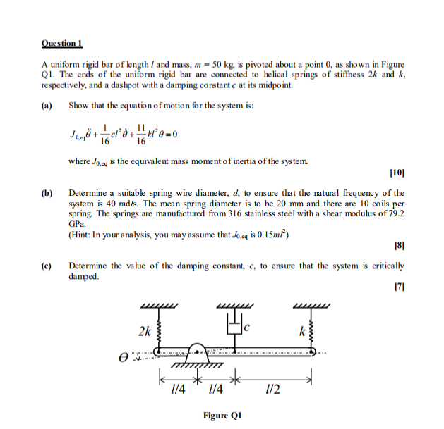 Solved A uniform rigid bar of length l and mass, m = 50 kg, | Chegg.com