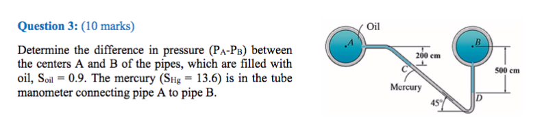 Solved Determine the difference in pressure (P_A - P_B) | Chegg.com