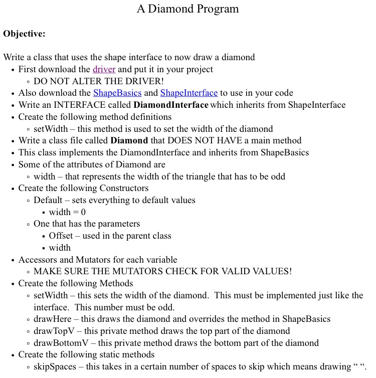 Solved A Diamond Program Objective: Write a class that uses | Chegg.com