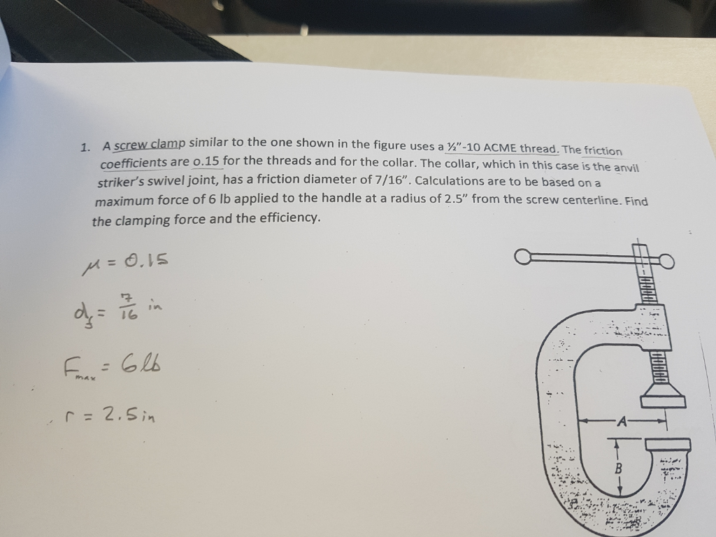 Solved a screw clamp similar to the one shown in the figure
