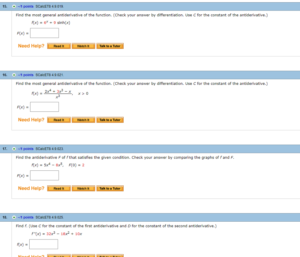 Solved 15 -/1 points SCalcET8 4.9.019 Find the most general | Chegg.com