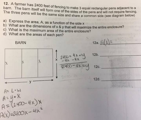 Solved A farmer has 2400 feet of fencing to make 3 equal