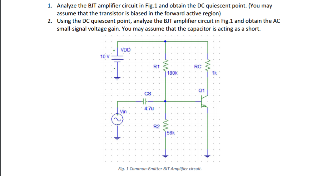 Solved Analyze the BJT amplifier circuit in Fig.1 and obtain