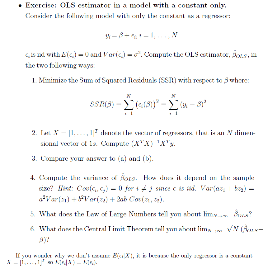Exercise: OLS estimator in a model with a constant | Chegg.com