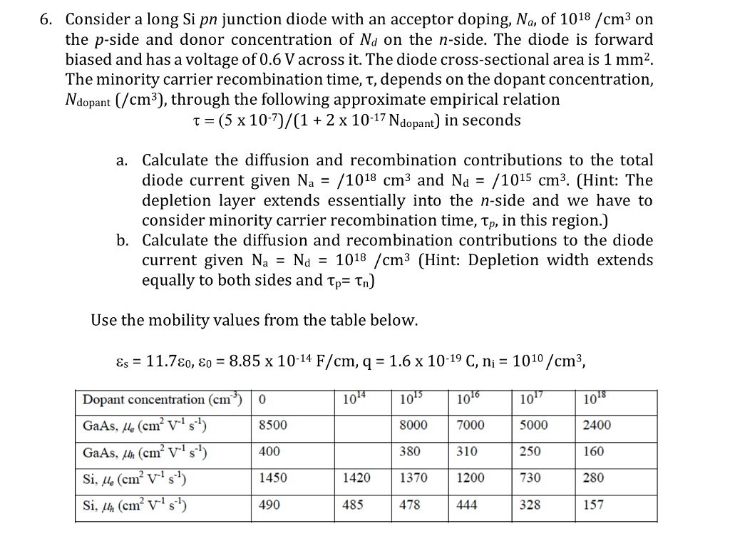 Solved 6. Consider a long Si pn junction diode with an | Chegg.com