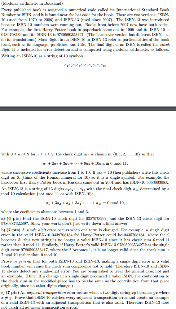 (Modular arithmetic in Bookland) Every published | Chegg.com