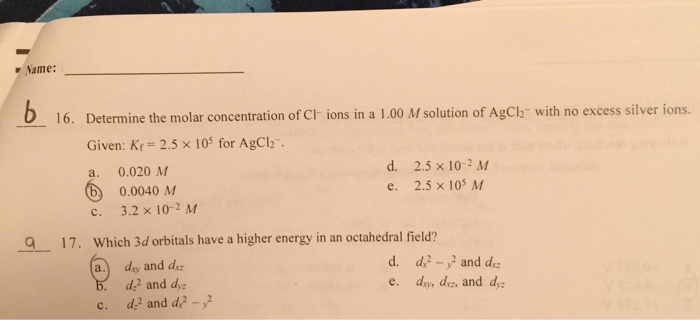 Solved Determine the molar concentration of Cl" ions in a | Chegg.com