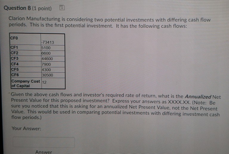 Solved Question 8 (1 Point) Clarion Manufacturing Is | Chegg.com