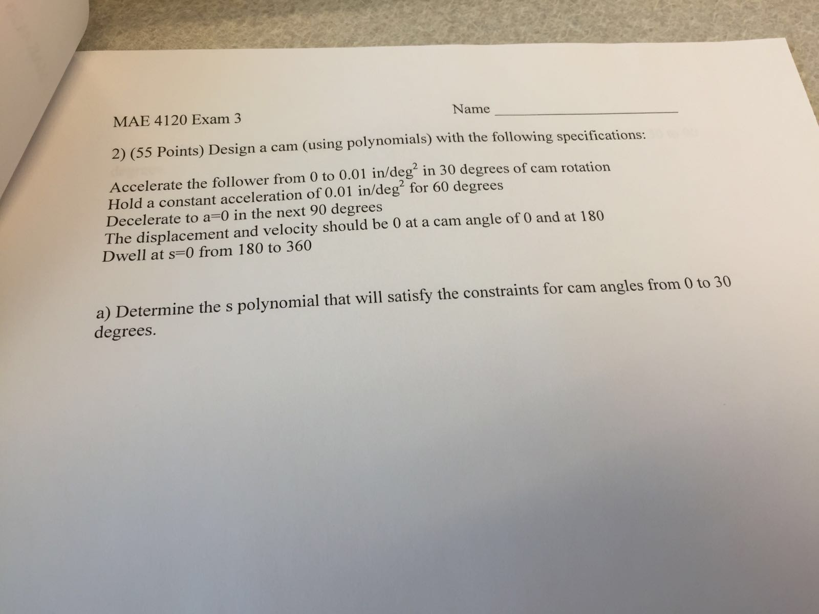 Design a cam (using polynomials) with the following