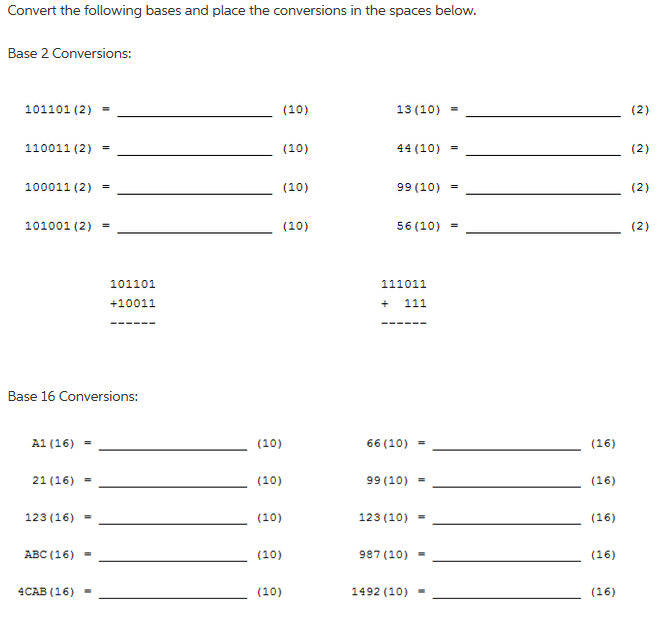 Solved Convert the following bases and place the conversions | Chegg.com