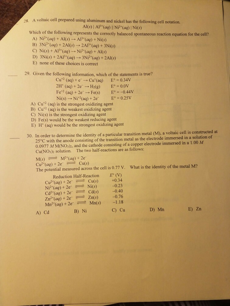 Solved 28. A voltaic cell prepared using aluminum and nickel