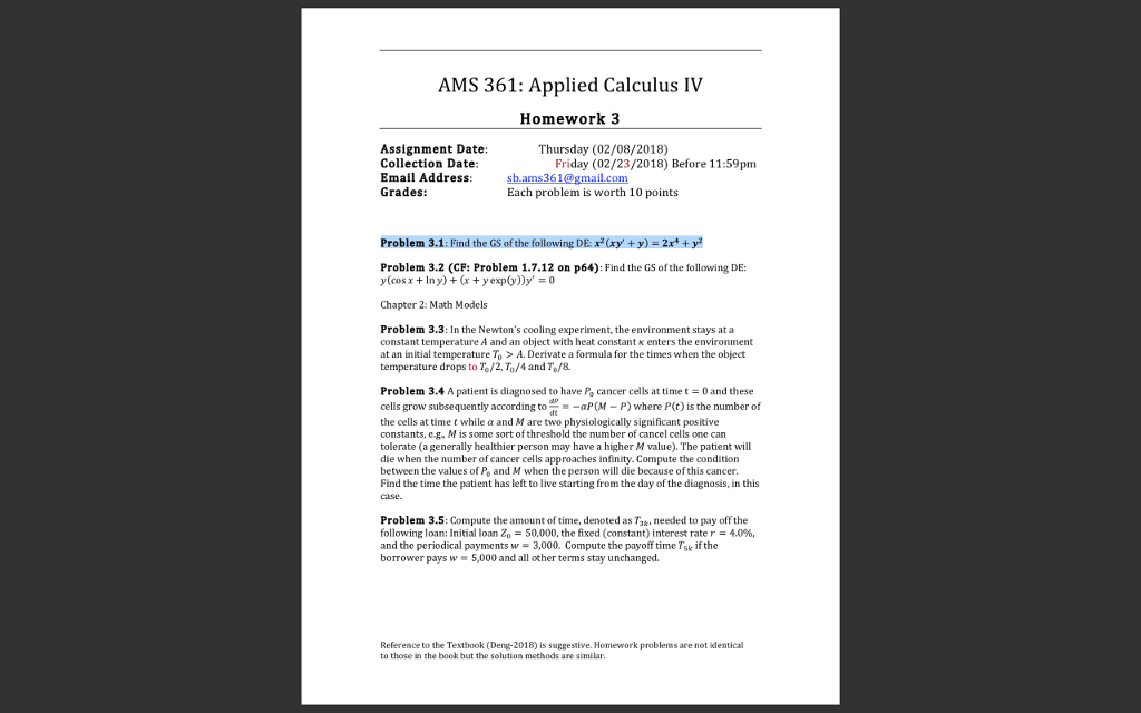 Solved AMS 361: Applied Calculus IV Homework 3 Assignment | Chegg.com