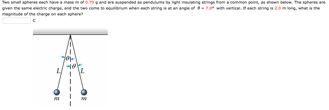 Solved Two small spheres each have a mass m of 0.70 g and | Chegg.com