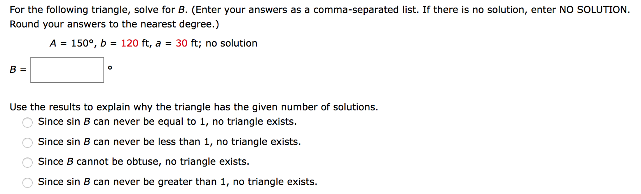 Solved For The Following Triangle, Solve For B. (Enter Your | Chegg.com