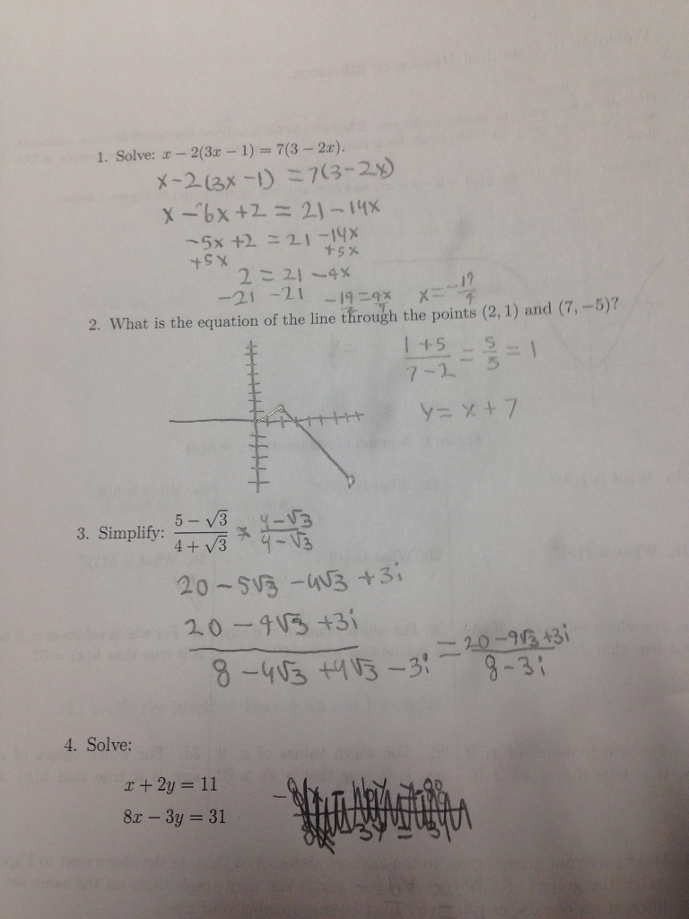 Solved Solve: x - 2(3x - 1) = 7(3 - 2x). What is the | Chegg.com