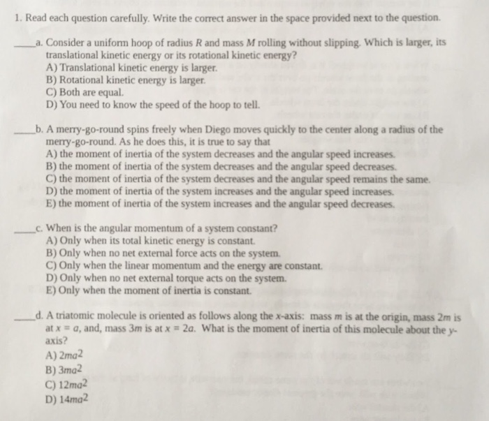 Solved Read Each Question Carefully Write The Correct Chegg Com