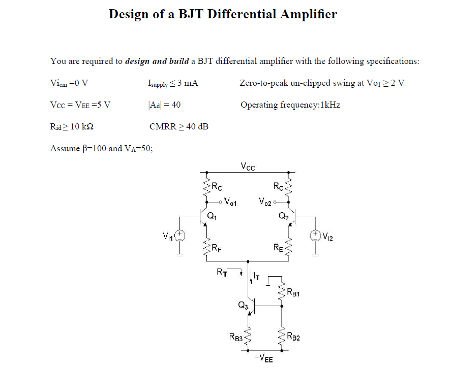 Solved Design of a BJT Differential Amplifier You are