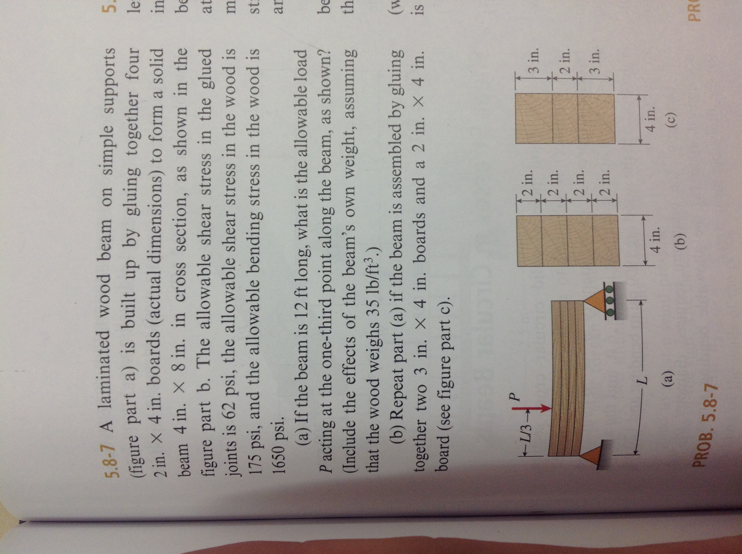 Image for 5.8-7 A laminated wood beam on simple supports (figure part a. Civil Engineering, Mechanics of Materials Gere 8th ...
