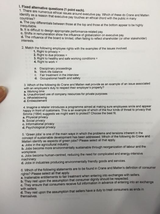 Solved L. Fixed alternative questions (1 point each). 1.