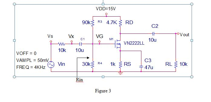 Solved VDD-15V 90k R3 4.7K RD C2 Vs Vx VG Vout C1 M1 VN222LL | Chegg.com