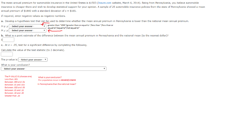 Solved The mean annual premium for automobile insurance in