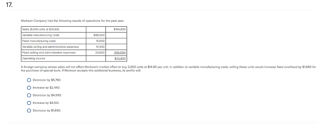 Solved Markson Company had the following results of | Chegg.com