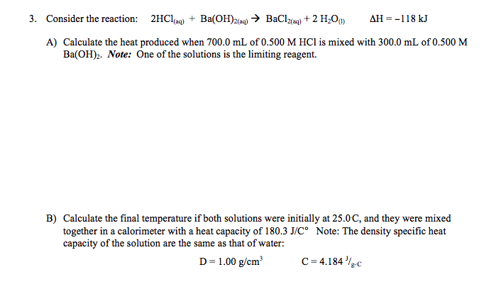3. Consider the reaction: 2HCl(aq) + Ba(OH)2(a) > | Chegg.com
