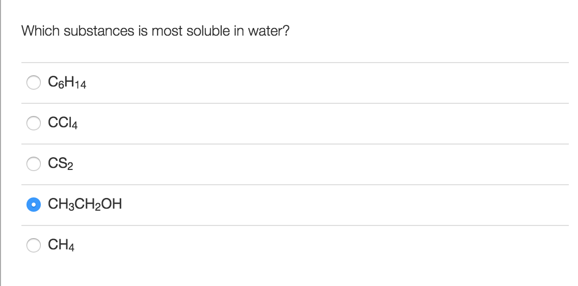 Solved Which substances is most soluble in water? C_6H_14