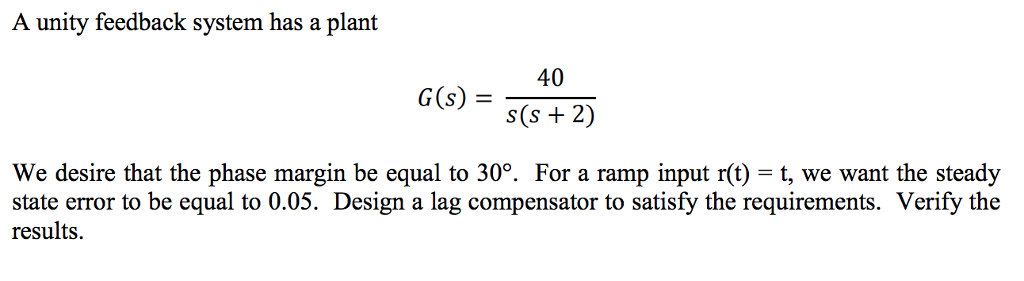 Solved A Unity Feedback System Has A Plant 40 G s S s Chegg
