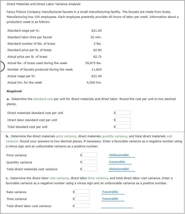 Solved Direct Materials and Direct Labor Variance Analysis