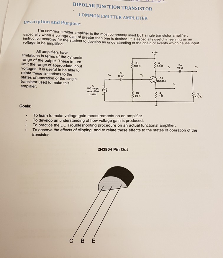 Solved BIPOLAR JUNCTION TRANSISTOR COMMON EMITTER AMPLIFIER | Chegg.com