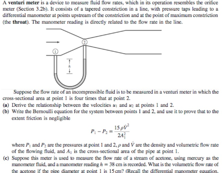 Solved A venturi meter is a device to measure fluid flow | Chegg.com