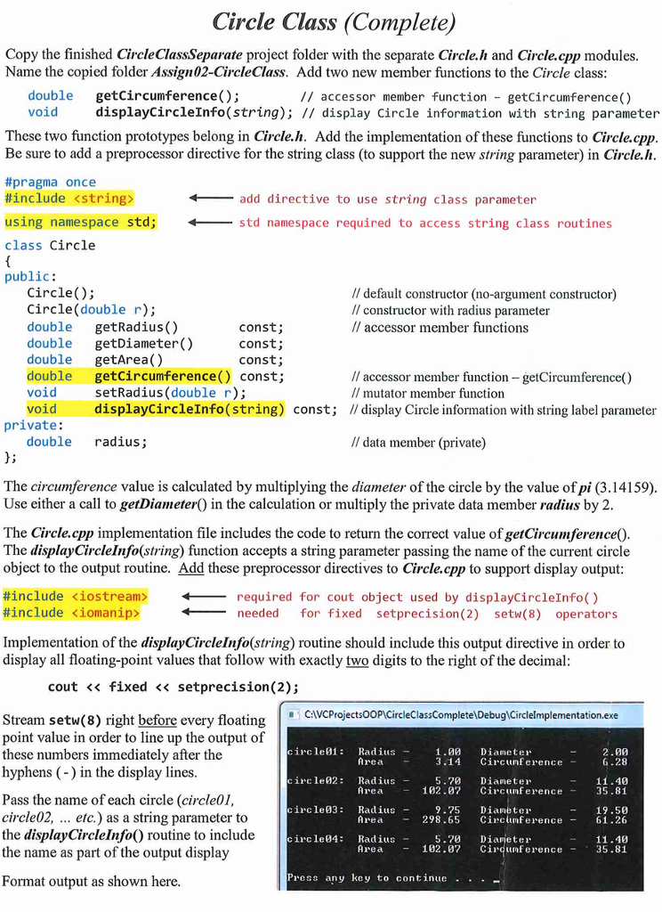 Solved Circle Class (Complete) Copy the finished | Chegg.com