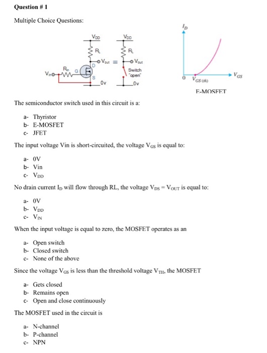 Solved Question 1 Multiple Choice Questions: Voo Ov F-MOSFET | Chegg.com