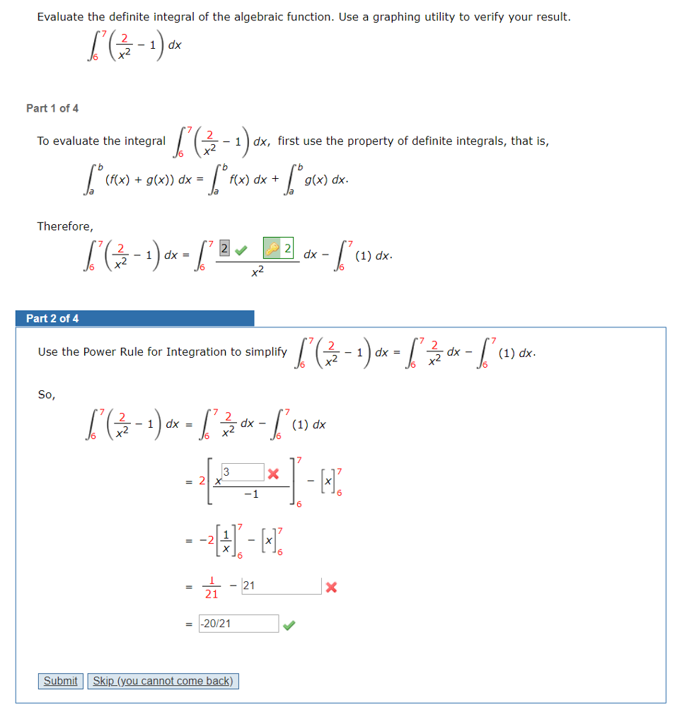 Solved Evaluate the definite integral of the algebraic | Chegg.com