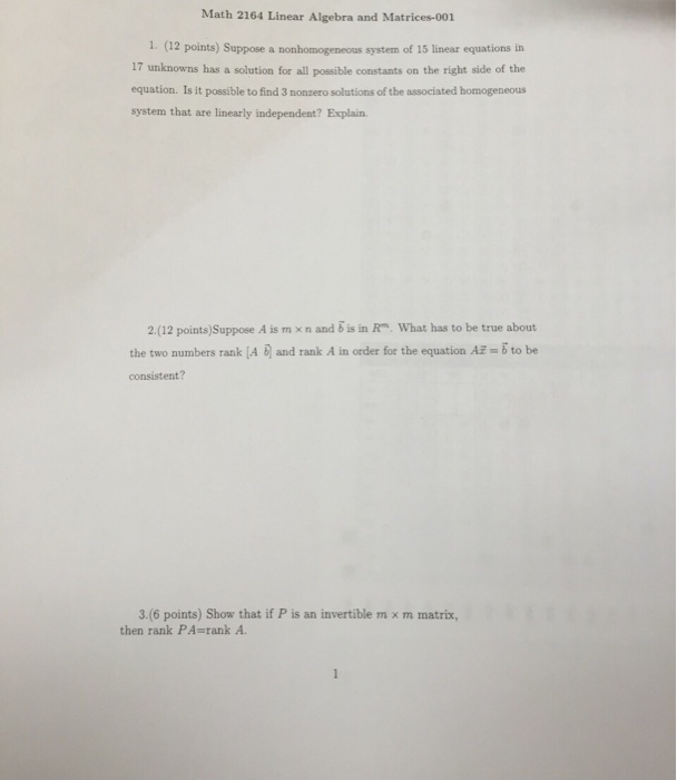 Solved Math 2164 Linear Algebra and Matrices 001 1. (12 | Chegg.com