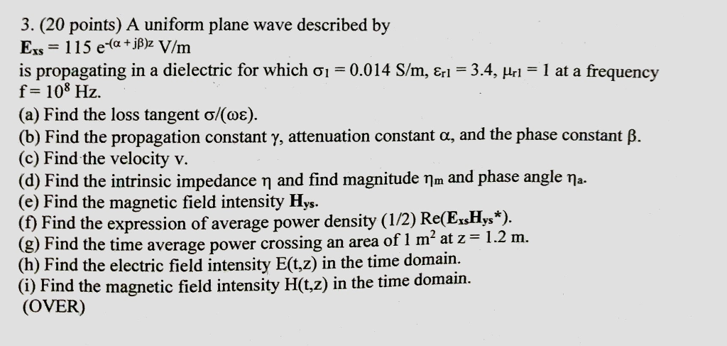 Solved A uniform plane wave described by E_xs = 115 | Chegg.com