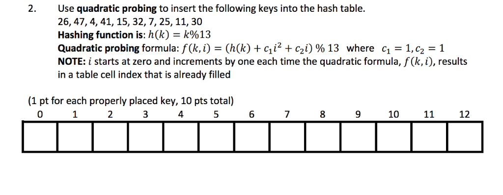 Solved 2.use Quadratic Probing To Insert The Following Keys 