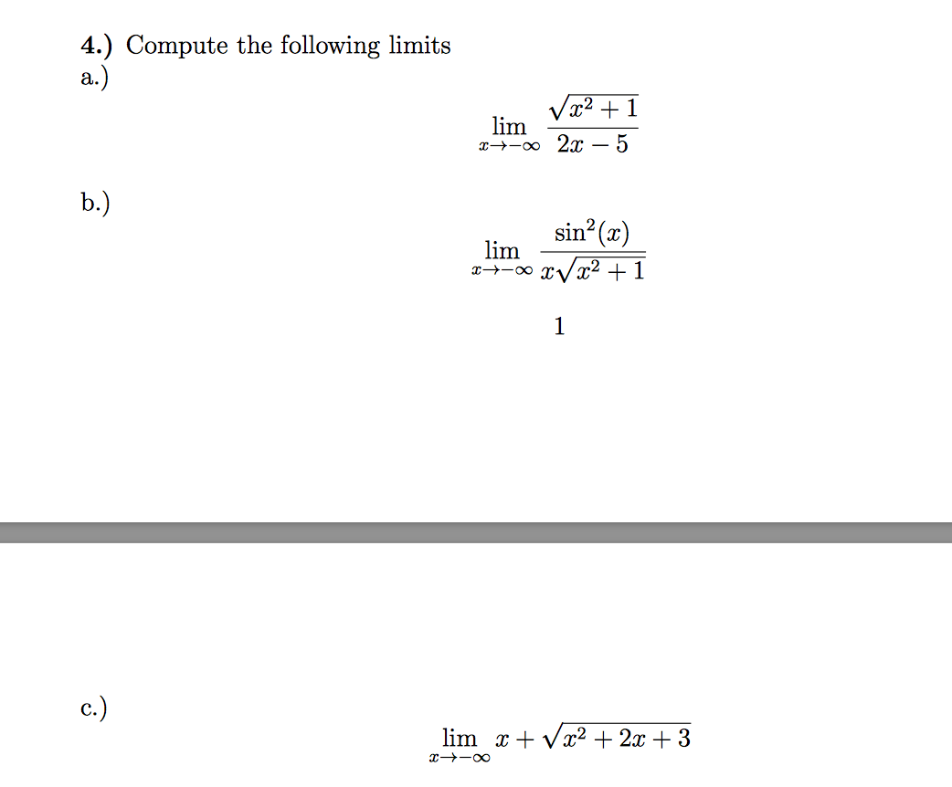 Solved 4.) Compute the following limits a. 21 lim sin2 (z) | Chegg.com