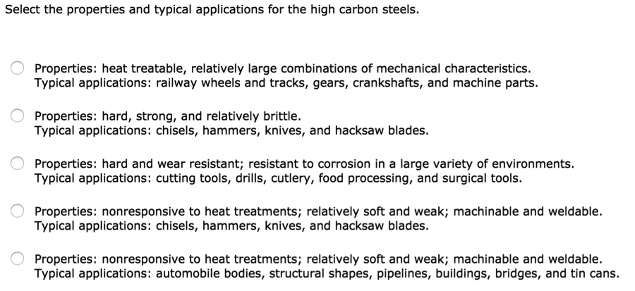 Solved Select the properties and typical applications for