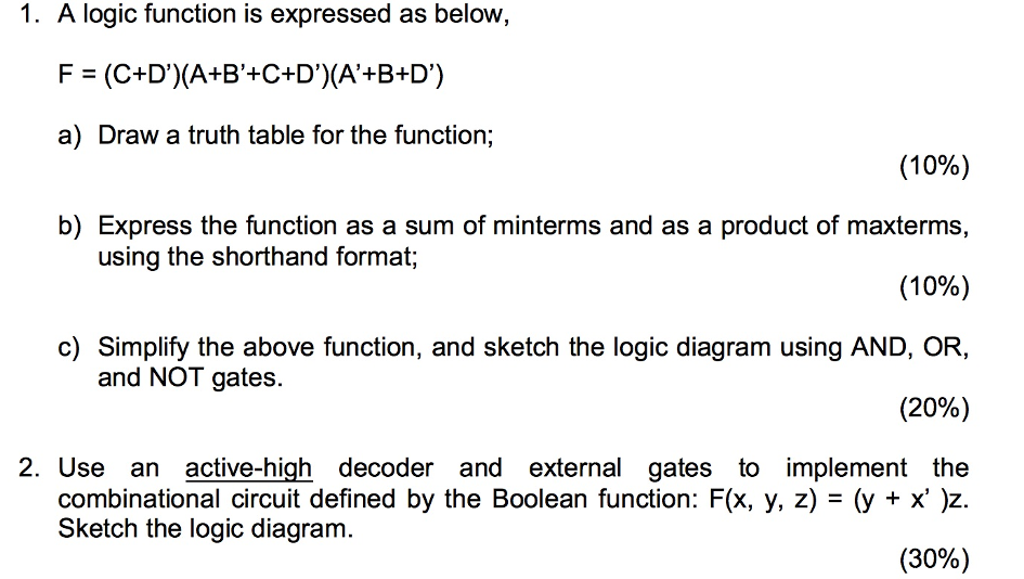 Solved A logic function is expressed as below, F = | Chegg.com